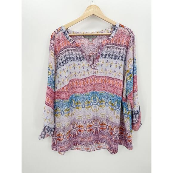 Valerie Stevens Floral V Neck Sheer Lightweight Blouse Women Size 2X Boho - Picture 1 of 8